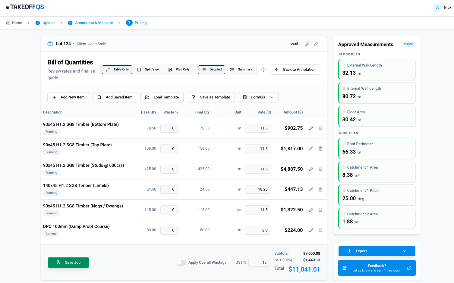 Export pricing screen with priced-up spreadsheet options.