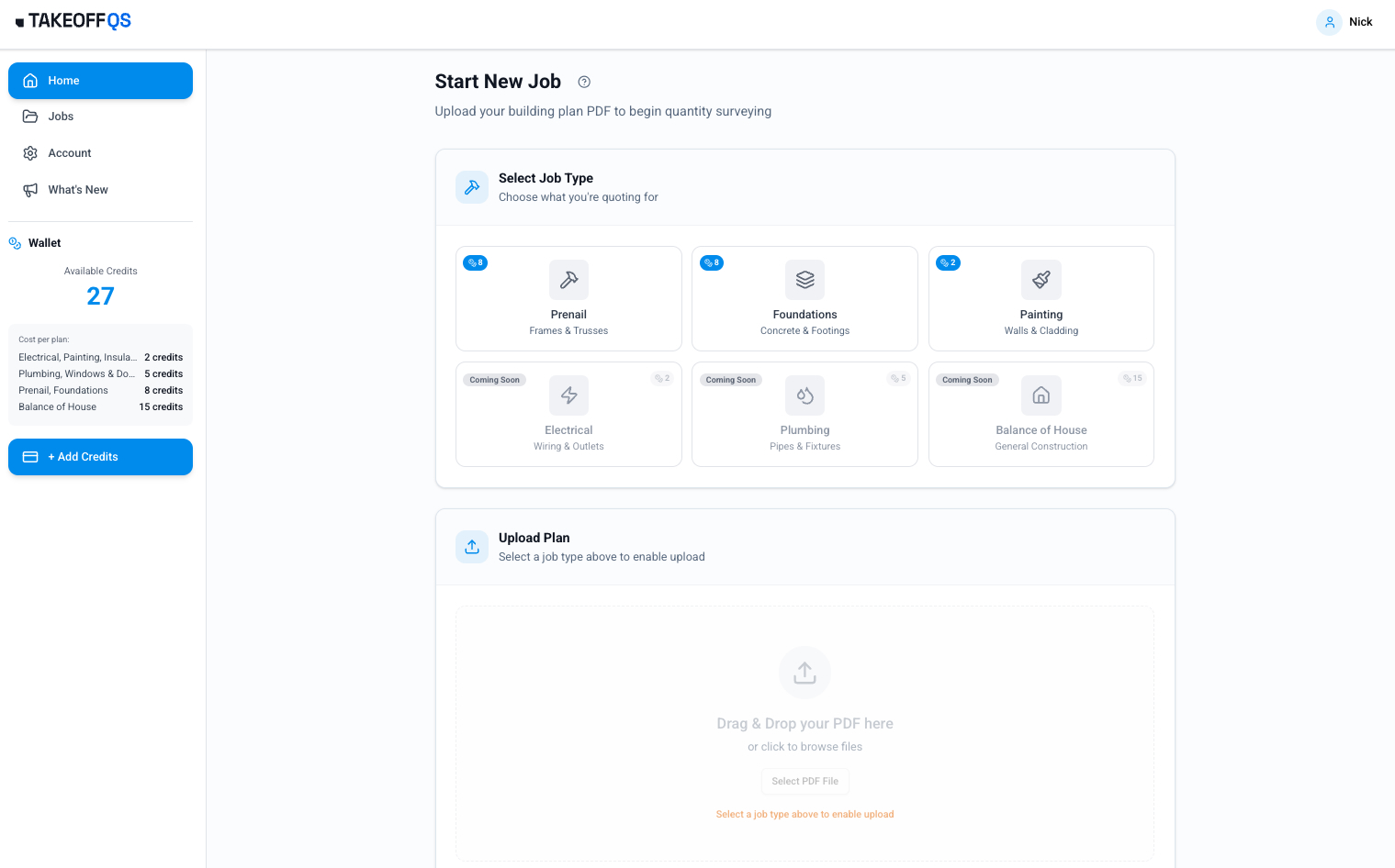 Upload building plan PDF screen.